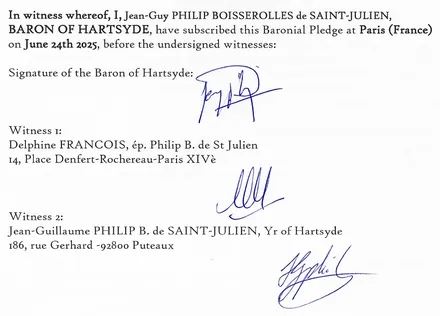 Signed Baronial Pledge document, as displayed on the Hartsyde entry