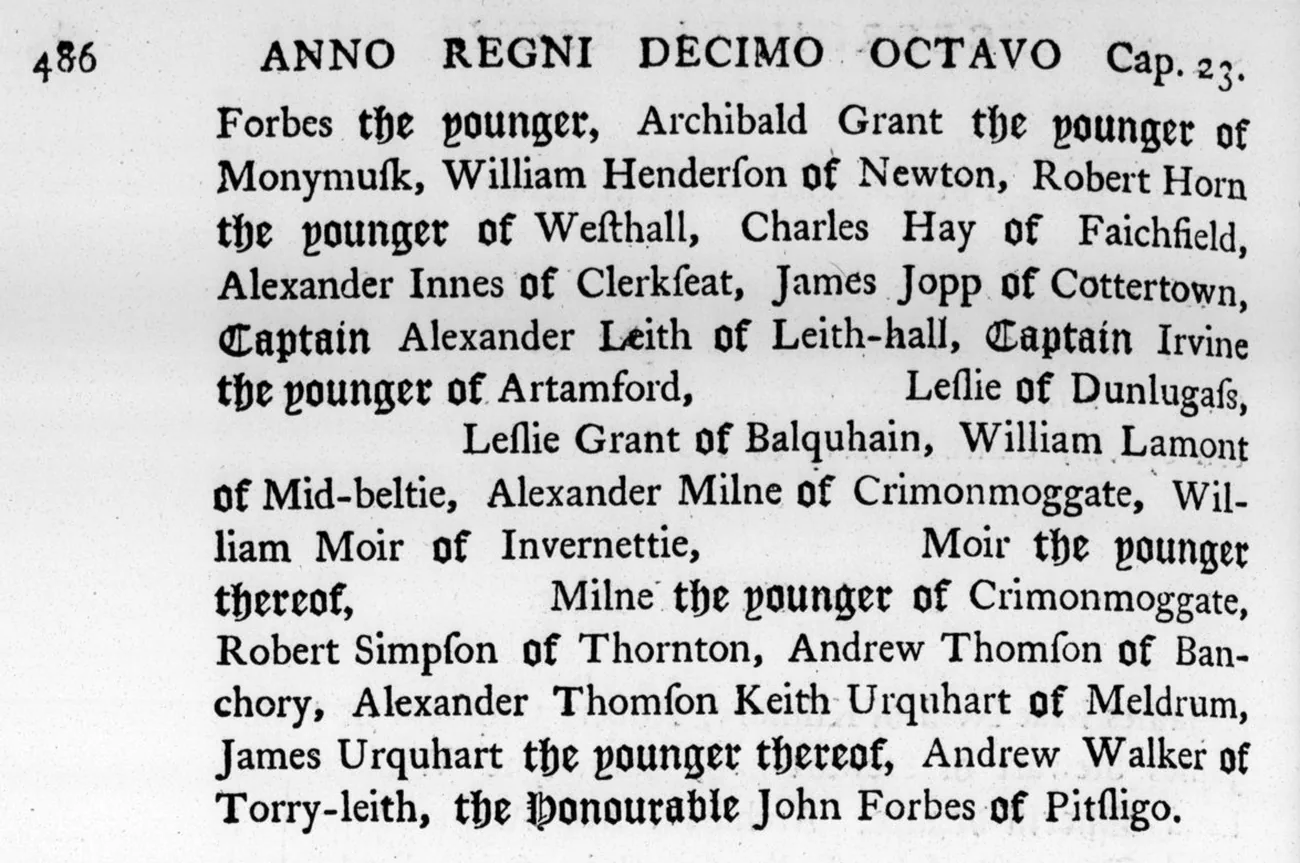 The top of page 486 of the Act 18 George III chapter 23, 1778, a list of commissioners that names Archibald Grant the younger of Monymusk, Robert Horn the younger of Westhall and James Urquhart the younger thereof.
