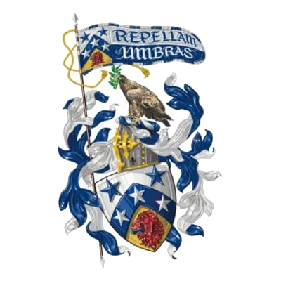The painted arms of the Baron of Hartsyde from the Association’s Armorial: a shield, helm, mantling and eagle crest, with a short blue and white pennon on a staff above, bearing the arms next to the staff and the motto.