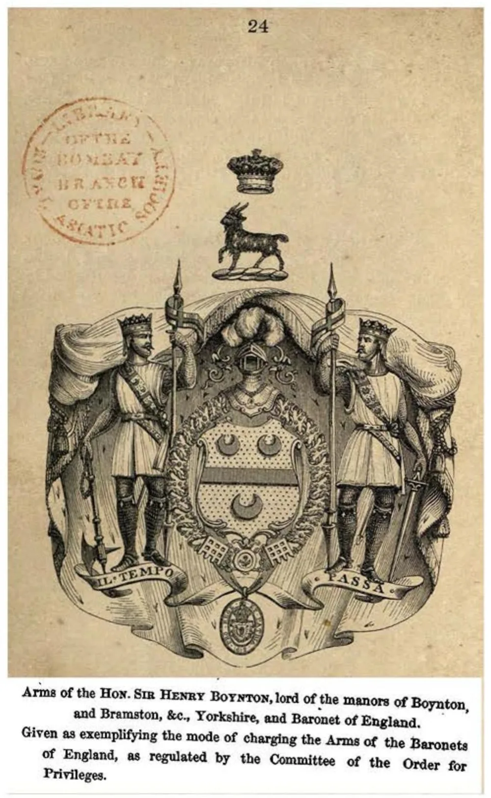 Engraving from Broun’s Baronetage for 1843: a shield within a collar of SS with a badge hanging below, an open helm, a coronet above the crest, a mantle, and two crowned figures as supporters. The caption reads: Arms of the Hon. Sir Henry Boynton, Baronet of England, given as exemplifying the mode of charging the arms of the baronets of England, as regulated by the Committee of the Order for Privileges.