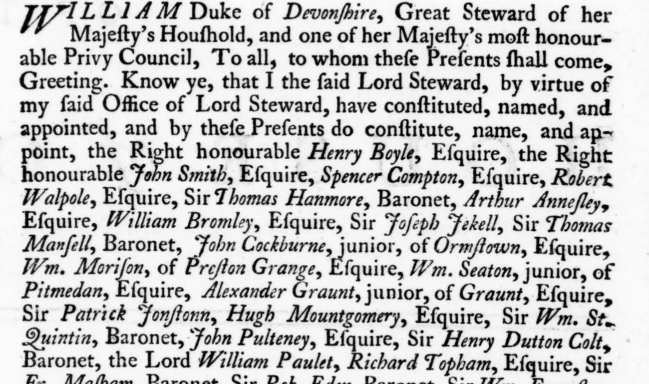 The Journal of the House of Commons, volume XV, page 392: the Lord Steward's commission of 23 October 1707 naming John Cockburne, junior, of Ormstown, Esquire, Wm. Morison, of Preston Grange, Esquire, Wm. Seaton, junior, of Pitmedan, Esquire, and Alexander Graunt, junior, of Graunt, Esquire
