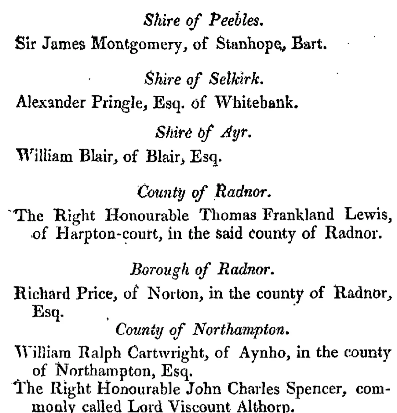 The London Gazette, 16 August 1830, page 1759: Shire of Ayr, William Blair, of Blair, Esq.; and, lower on the same column, The Right Honourable John Charles Spencer, commonly called Lord Viscount Althorp