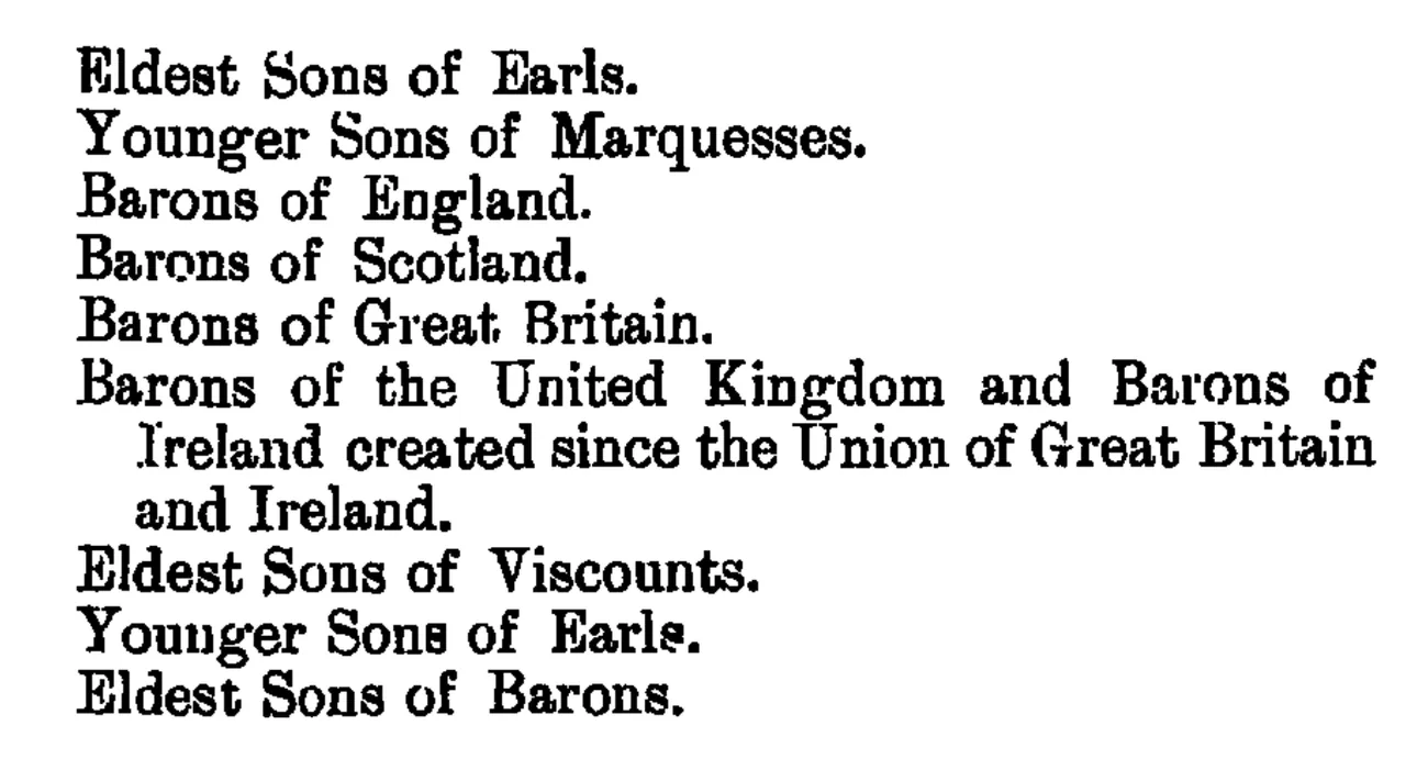 Lines from the Scale of General Precedence in Scotland as printed in the London Gazette in 1905: Barons of England, Barons of Scotland, Barons of Great Britain, Barons of the United Kingdom and Barons of Ireland, then Eldest Sons of Viscounts, Younger Sons of Earls, Eldest Sons of Barons.
