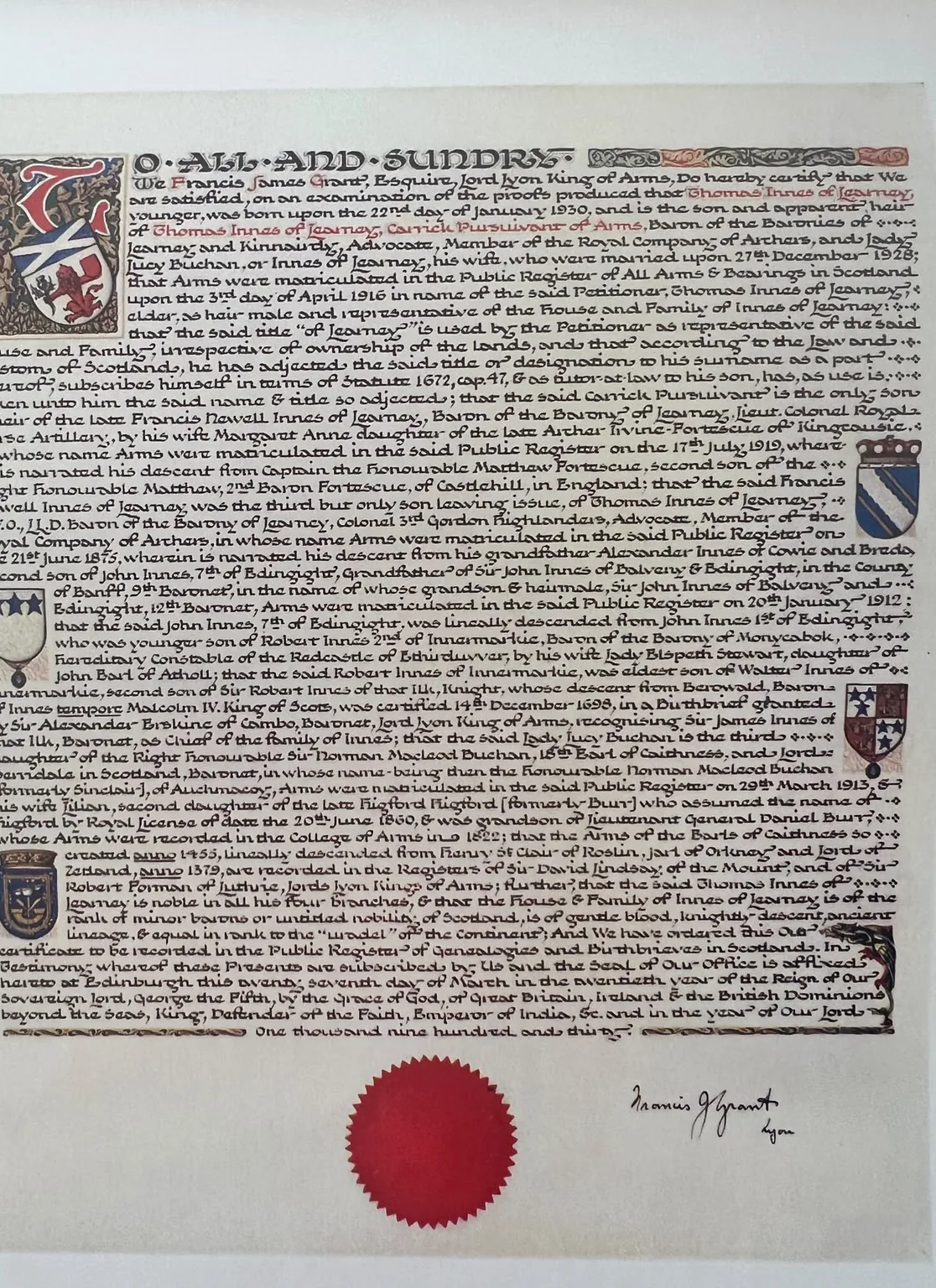 Text of the birthbrief of Thomas Innes of Learney, younger, signed by Lord Lyon Sir Francis Grant, 27 March 1930