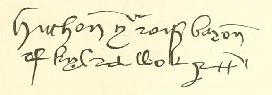 Facsimile of the handwritten subscription of Hugh Rose of Kilravock to the Auldearn contract of 6 May 1515, signed with the word baron: Huchon Ros baron of Kylrawok.