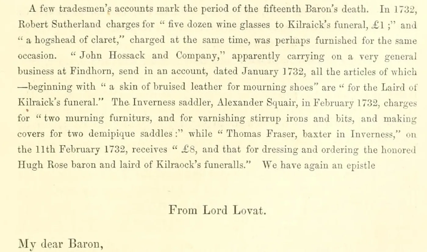 Page 407 of the 1848 Kilravock book: tradesmen’s accounts for the funeral of 1732, including a baker’s receipt for dressing and ordering the honored Hugh Rose baron and laird of Kilraock’s funeralls, followed by Lord Lovat’s letter beginning My dear Baron.