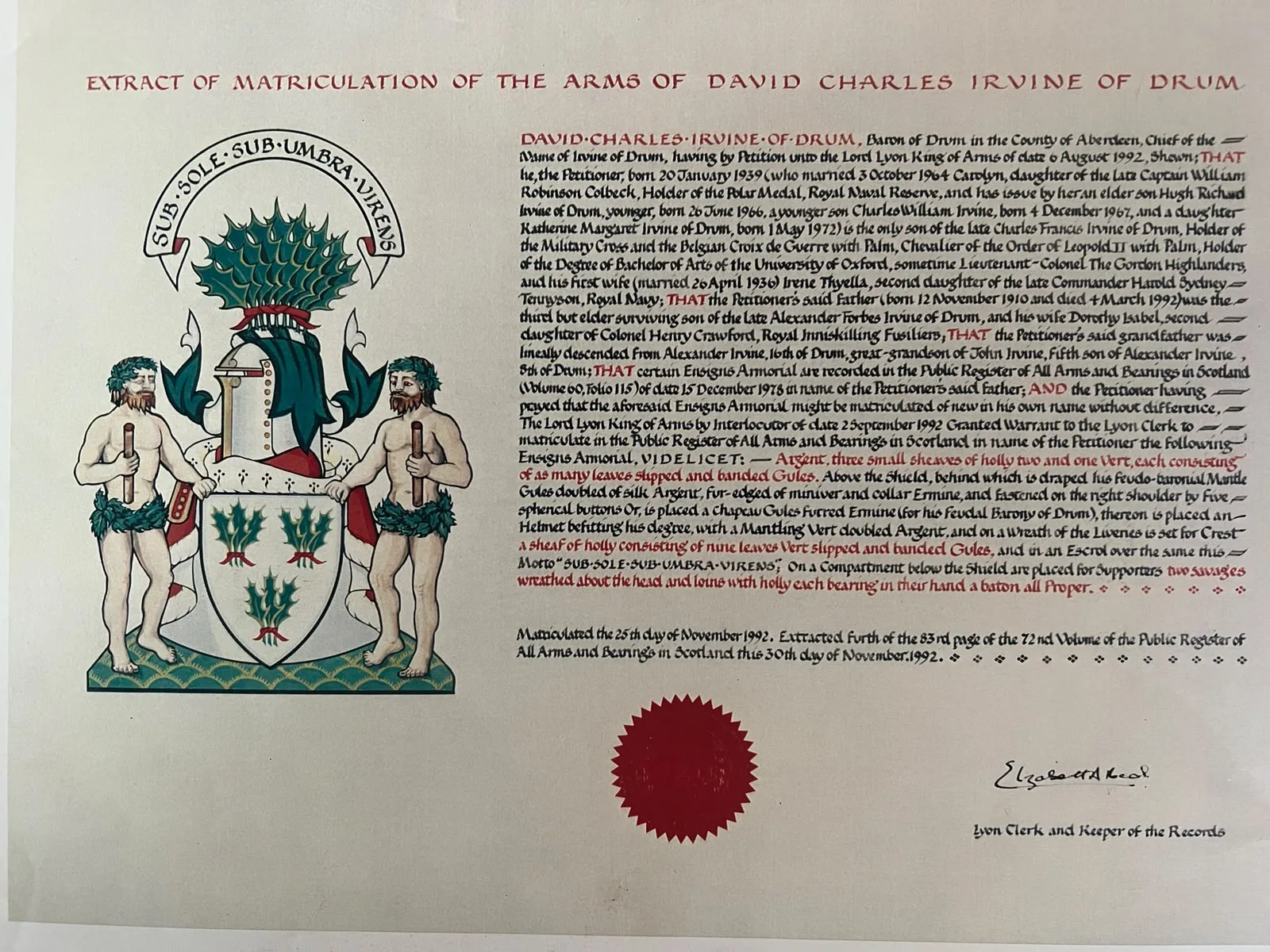 Extract of Matriculation of the Arms of David Charles Irvine of Drum, Baron of Drum, 25 November 1992, with feudo-baronial mantle, chapeau, helm and supporters