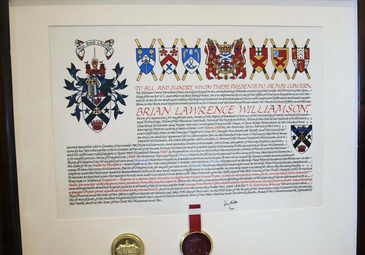 Letters Patent of 15 December 2010 signed by Lord Lyon Sellar recognising Brian Lawrence Williamson, Baron of Craigmillar for aught yet seen