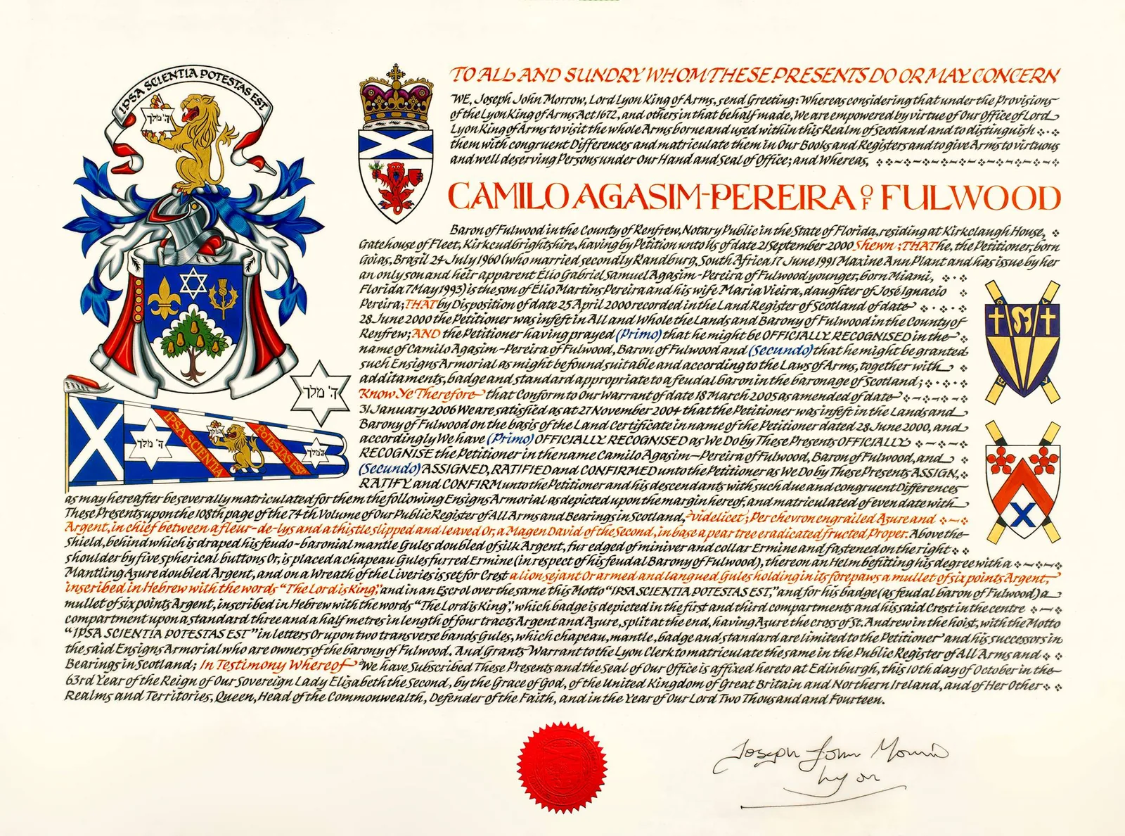 Letters Patent of 10 October 2014 recognising Camilo Agasim-Pereira of Fulwood, Baron of Fulwood, with arms, chapeau, feudo-baronial mantle, badge and standard