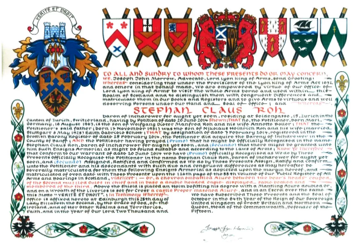 Letters Patent of 28 October 2015 recognising Stephan Claus Roh, baron of Inchdrewer for aught yet seen