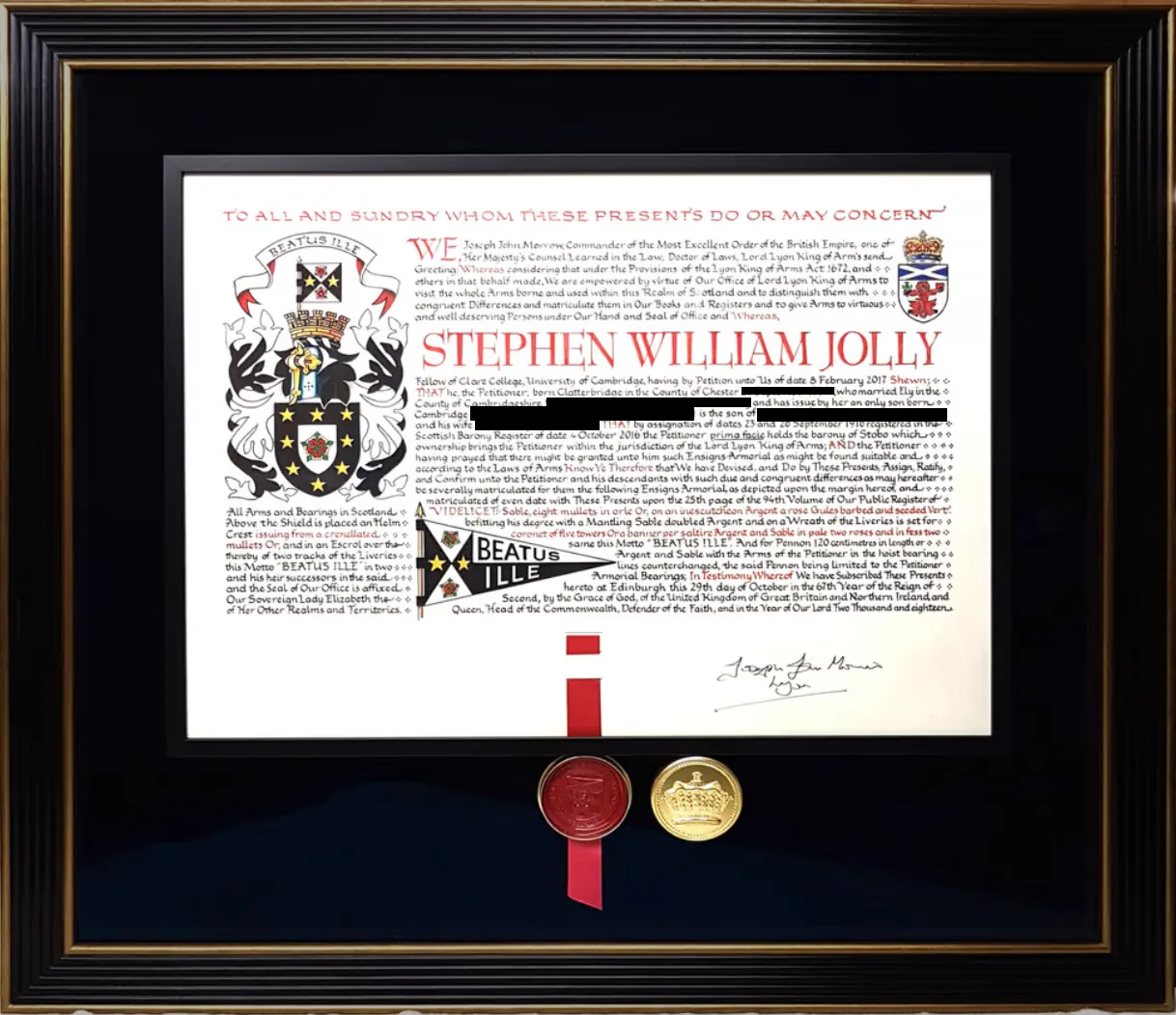 Letters Patent of 29 October 2018 granting arms to Stephen William Jolly, who prima facie holds the barony of Stobo