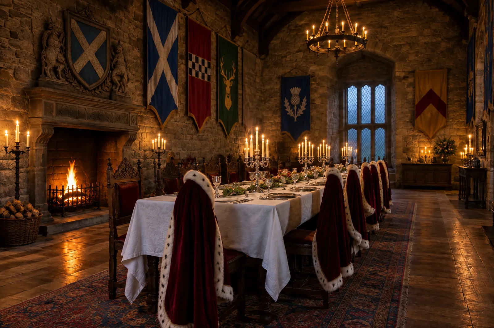 A candlelit castle hall laid for dinner, crimson baronial robes draped over the chairs, Scottish banners on the walls