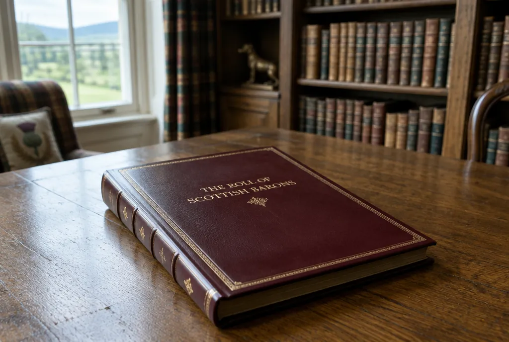 A bound volume in oxblood leather, titled in gilt The Roll of Scottish Barons