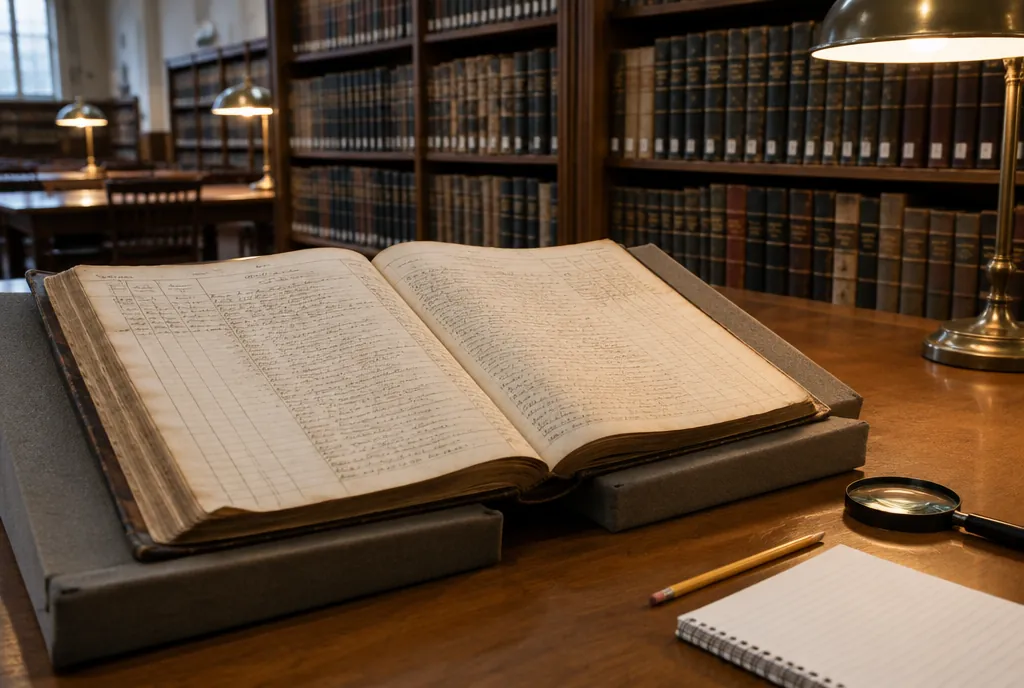 An old land register open on a reading desk in an archive