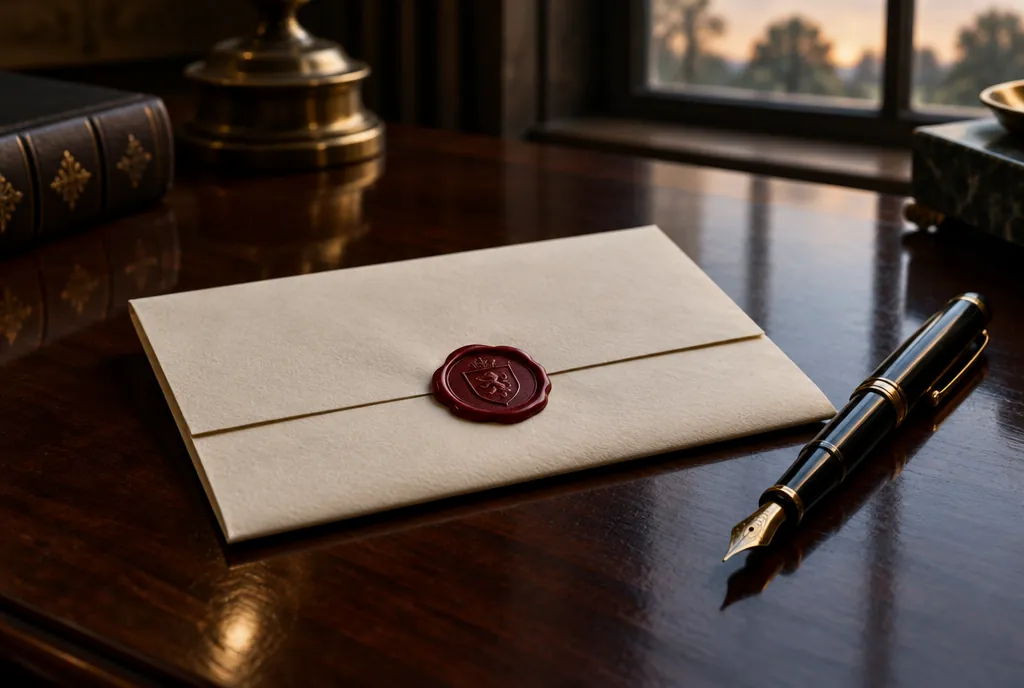A letter closed with a red wax seal, beside a fountain pen